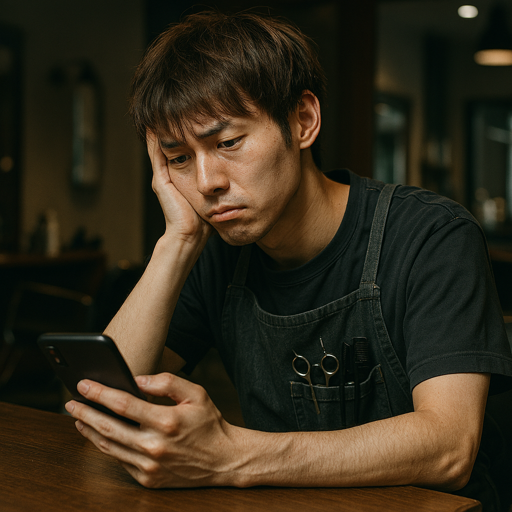 20代で細身の日本人男性、茶髪で前髪あり